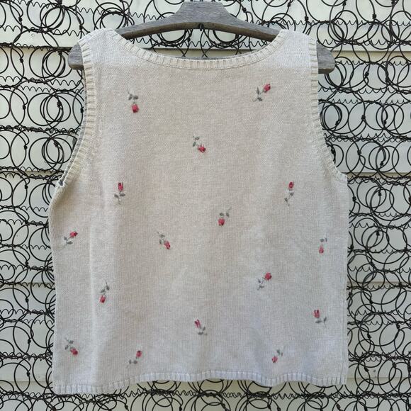 Vintage Eddie Bauer Oatmeal and Embroidered Rose Stem Sweater Vest Cotton LARGE - Picture 1 of 6